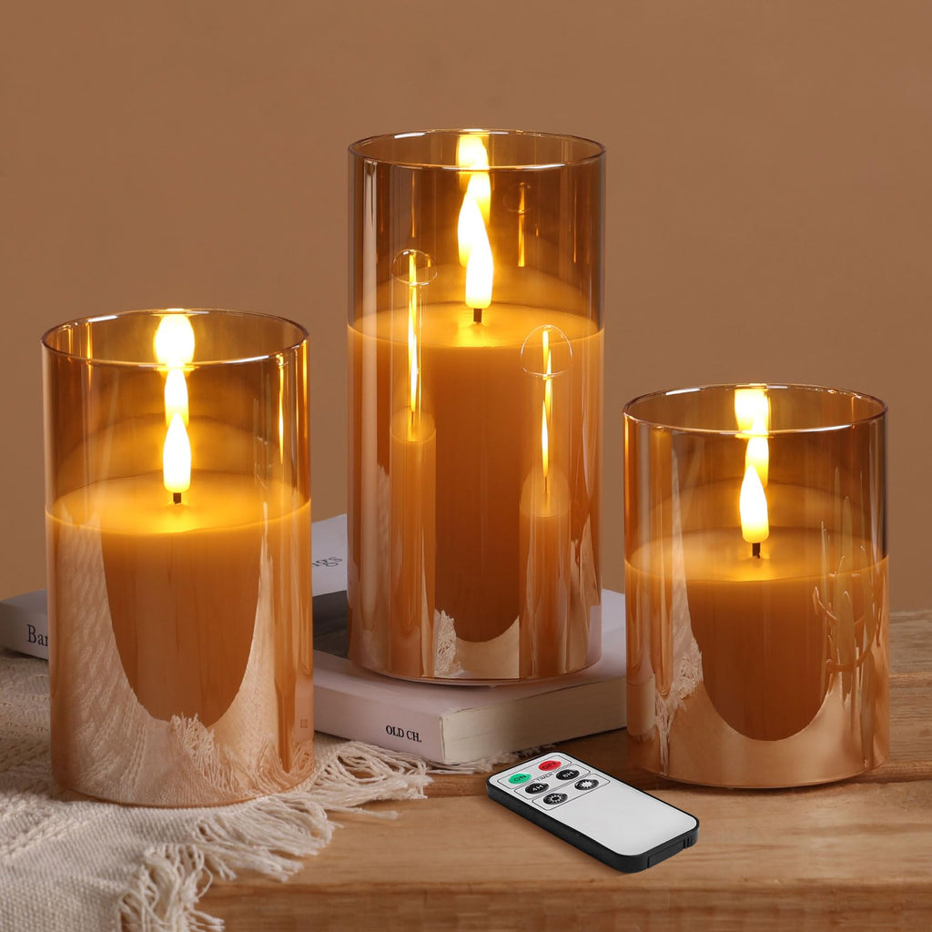 Eywamage Gold Glass Flameless Pillar Candles with Remote, Flickering Christmas LED Candles Battery Operated Set of 3