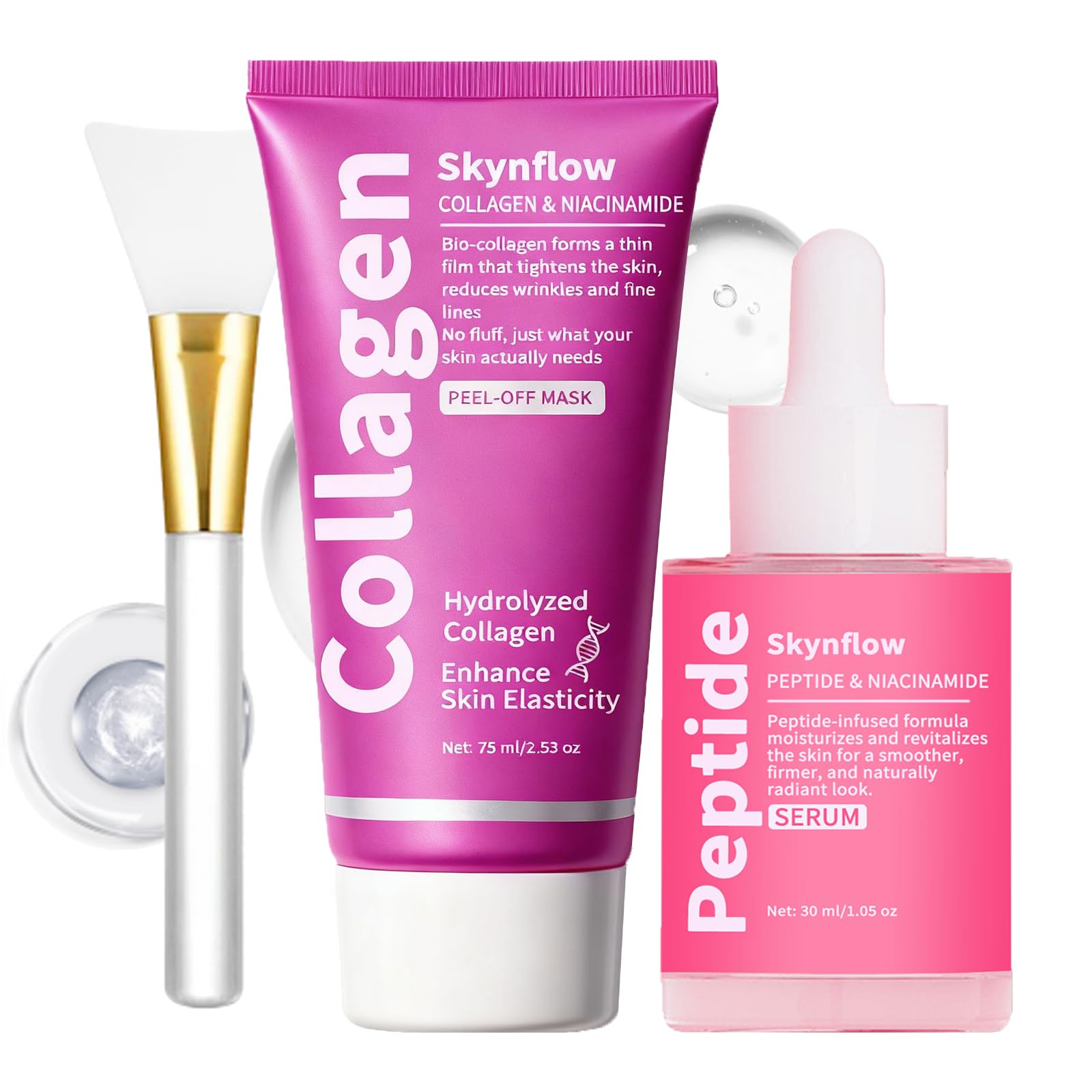 SKYNFLOW Collagen Face Mask + Plumping Peptides PDRN Serum, Overnight Hydrolyzed Peel-Off Mask, Niacinamide Restoring Skincare Set, Reduce Wrinkles, Tighten Fine Lines, Even Skin Tone (1 Set)