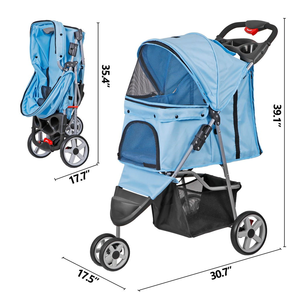 ZENY Foldable Pet Stroller, Cat/Dog Stroller with 3 Wheel, Pet Strolling Cart, Dog Travel Carrier with Storage Basket + Cup Holder (Blue)