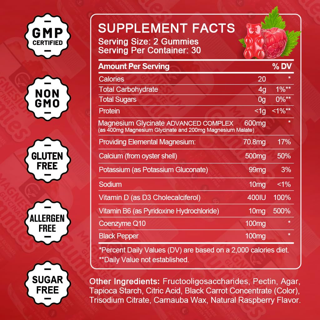 Magnesium Glycinate Gummies 400mg, Mg Potassium Supplement with Chelated Magnesium Malate Complex, Vitamin D, B6, and CoQ10, Supports for Memory, Calm, Mood & Sleep - 60 Count (Pack of 2)