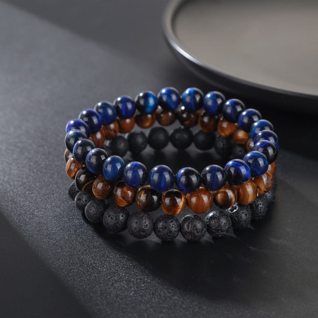 RANKEEF Tiger Eye Bracelet For Men 8MM Natural Stone Beads Bracelet Set Stretch Lava Rock Bracelets Adjustable Black Crystal Beaded Bracelet for Men Women Gifts