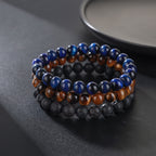 RANKEEF Tiger Eye Bracelet For Men 8MM Natural Stone Beads Bracelet Set Stretch Lava Rock Bracelets Adjustable Black Crystal Beaded Bracelet for Men Women Gifts