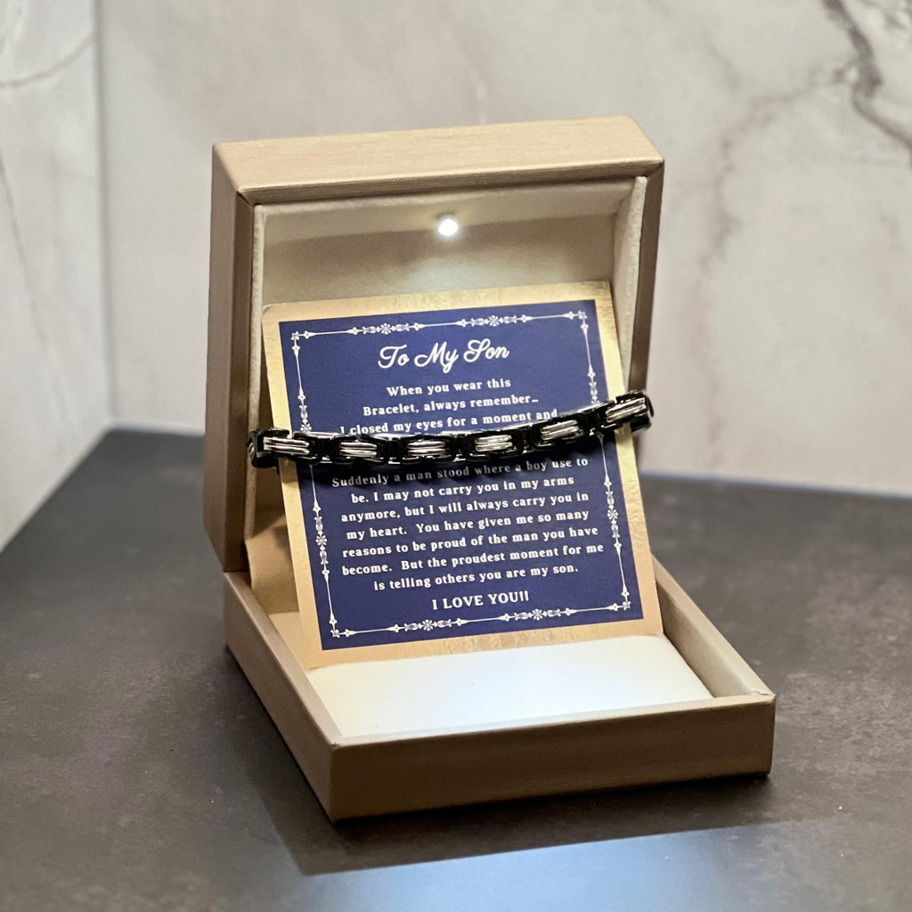 Printed Art Therapy To My Son Bracelet from Mom and Dad, I Love You Gift, Mother & Father Son Bracelet, Sentimental Gifts from Parents, Graduation Gift for Him (Silver/Black)