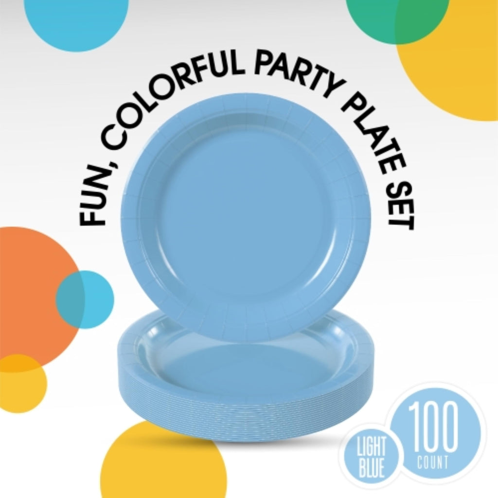 Party Solids Light Blue Plastic Plates For Party 7" Light Blue Disposable Plates For Party Supplies 100 Pcs Plastic Dinnerware Sets Heavy Duty 350 GSM Disposable Dinnerware Set