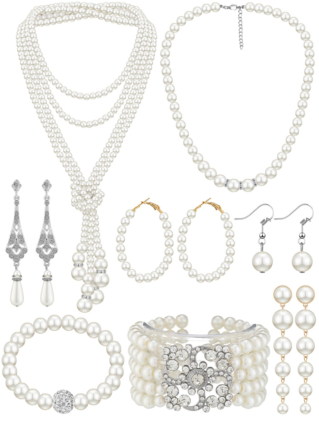 BBTO 8 Pcs Pearl Necklace and Earring Set for Women Faux Pearl Bracelet Costume Jewelry Set for Wedding Bridal Shower Party(Classic Style)