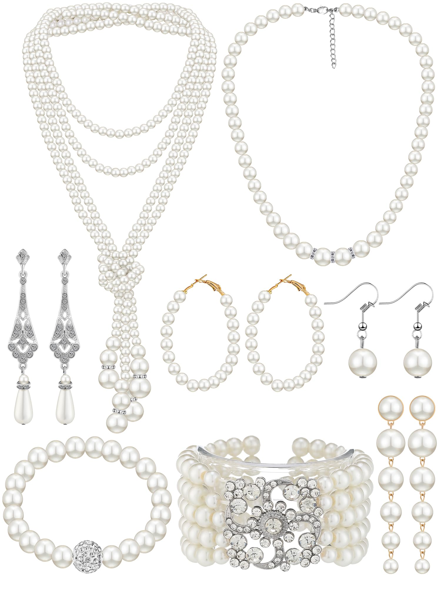 BBTO 8 Pcs Pearl Necklace and Earring Set for Women Faux Pearl Bracelet Costume Jewelry Set for Wedding Bridal Shower Party(Classic Style)