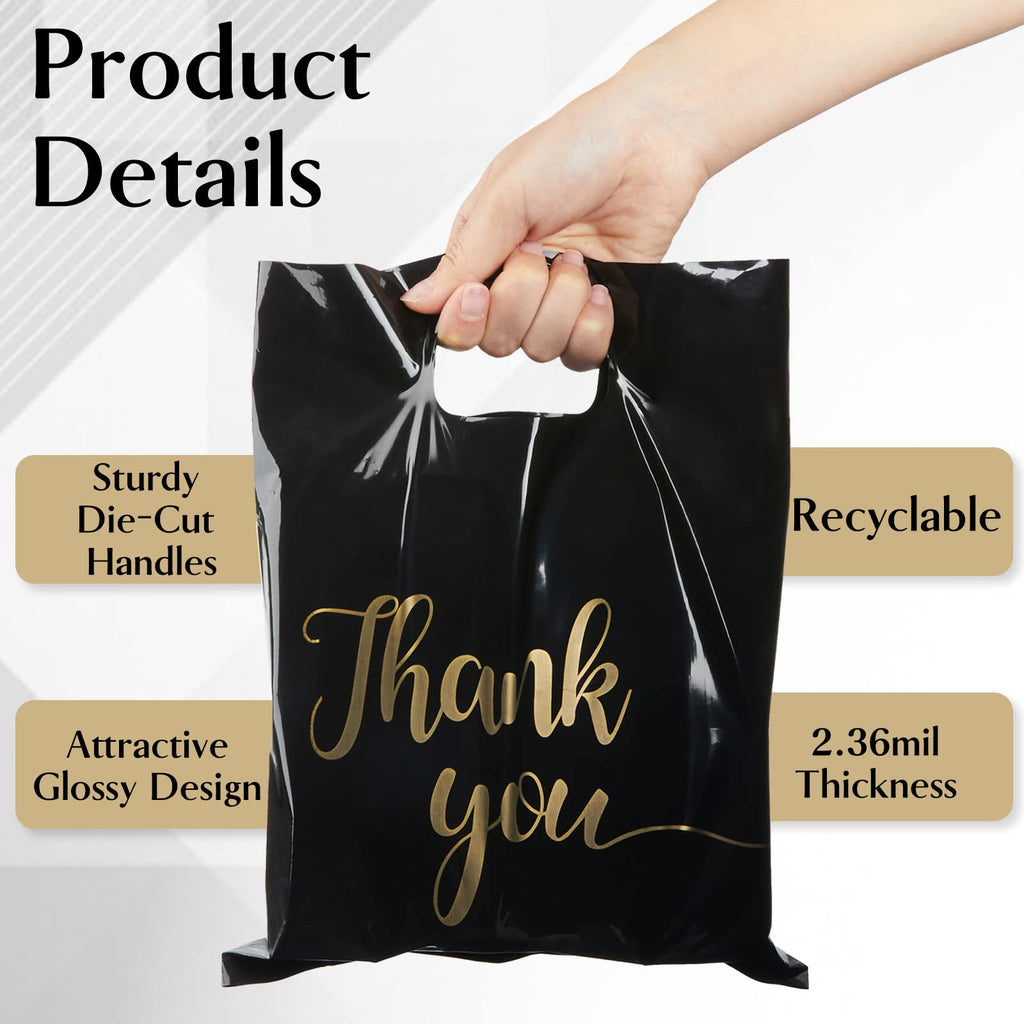 Jutieuo 100 Pack Black Thank You Shopping Bags for Small Business - 12"x15" Extra Thick 2.36 Mil Plastic Retail Thank You Bags with Handles for Stores, Boutique, Clothes, Business Gift