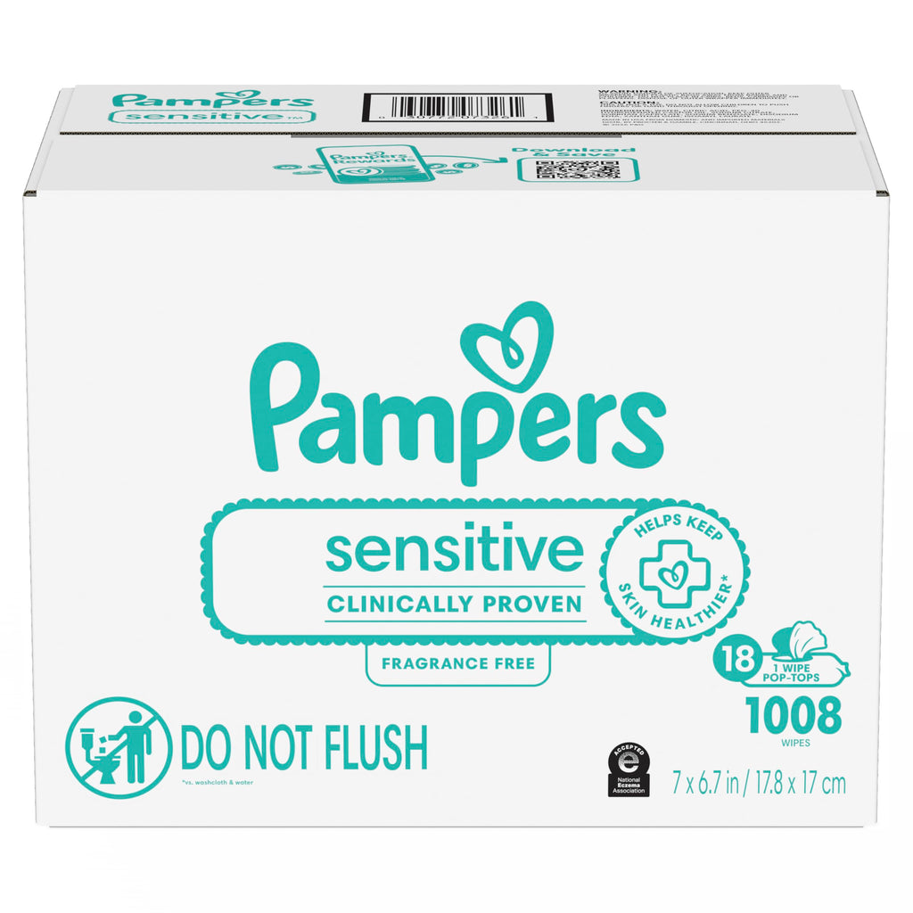 Pampers Sensitive Baby Wipes, Unscented, Fragrance Free, Clinically Proven, Water Based, Hypoallergenic, Multi-Use, Hand Wipes, 1008 Wipes Total (18X Flip-Top Packs)