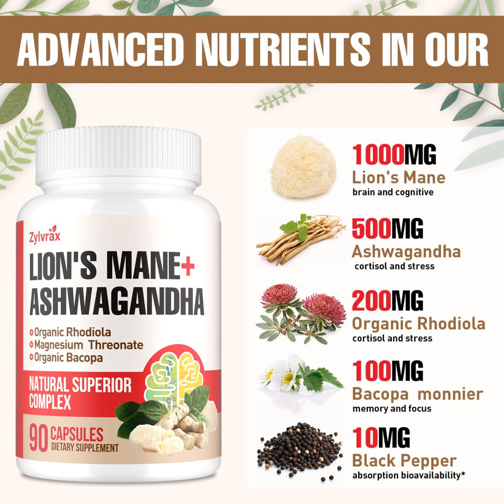 Ashwagandha & Lions Mane Supplements Capsules, Brain Supplements for Memory and Focus, Ashwagandha with Rhodiola Rosea for Cognitive, Immune Support, Cortisol Supplements for Women, 90 Capsules