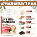 Ashwagandha & Lions Mane Supplements Capsules, Brain Supplements for Memory and Focus, Ashwagandha with Rhodiola Rosea for Cognitive, Immune Support, Cortisol Supplements for Women, 90 Capsules
