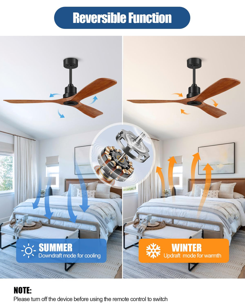 Forrovenco Ceiling Fans With Remote Control, Outdoor Ceiling Fan for Patios Indoor, 3 Downrods, 3 Blades, Timer, 6 Speed Reversible Quiet DC Motor Modern Fan Solid Wood Fan, 52in, Brown