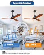 Forrovenco Ceiling Fans With Remote Control, Outdoor Ceiling Fan for Patios Indoor, 3 Downrods, 3 Blades, Timer, 6 Speed Reversible Quiet DC Motor Modern Fan Solid Wood Fan, 52in, Brown