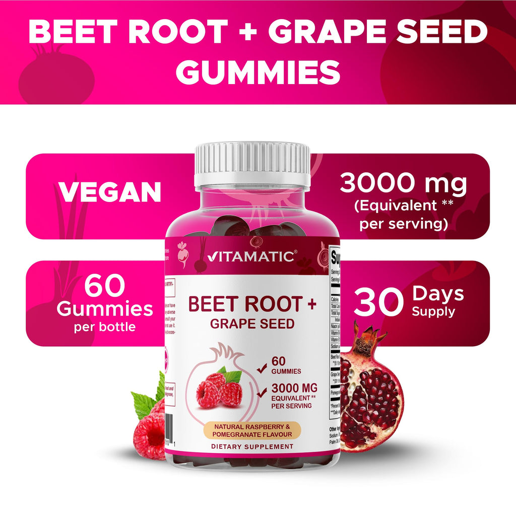 Vitamatic Beet Root Gummies - 3000mg Equivalent Per Serving - 60 Gummies - Made with Vitamin B6, B12, Grape Seed, Pomegranate & Nicotinamide (Pack of 2)