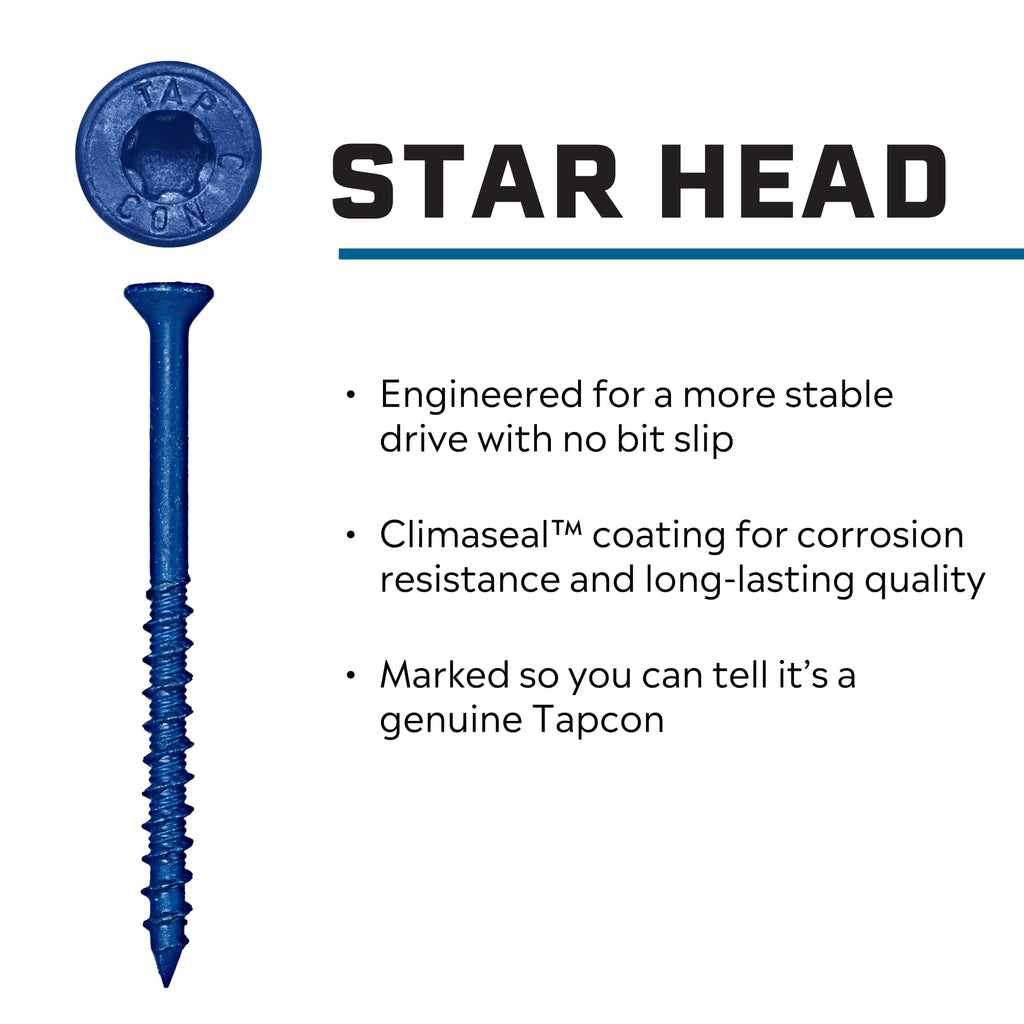 Tapcon 3/16 x 2-1/4 Inch Blue Climaseal® Star Head Concrete Anchors, 225 PCS, Corrosion Resistant Coating, Heavy-Duty Concrete and Masonry Screws, Superior Holding Strength, Drill & T-25 Bit Included