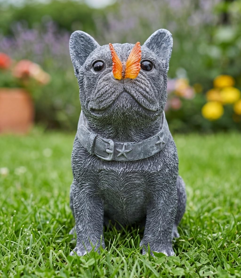 Solar French Bulldog Garden Statue with Butterfly, Outdoor Frenchie Gifts