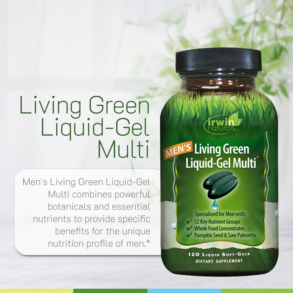 Irwin Naturals Men's Living Green Liquid-Gel Multi - 70 Essential Nutrients, Full-Spectrum Vitamin Supplements for Men, Wholefood Blend - Promotes Brain & Adrenal Support - 90 Liquid Soft-Gels