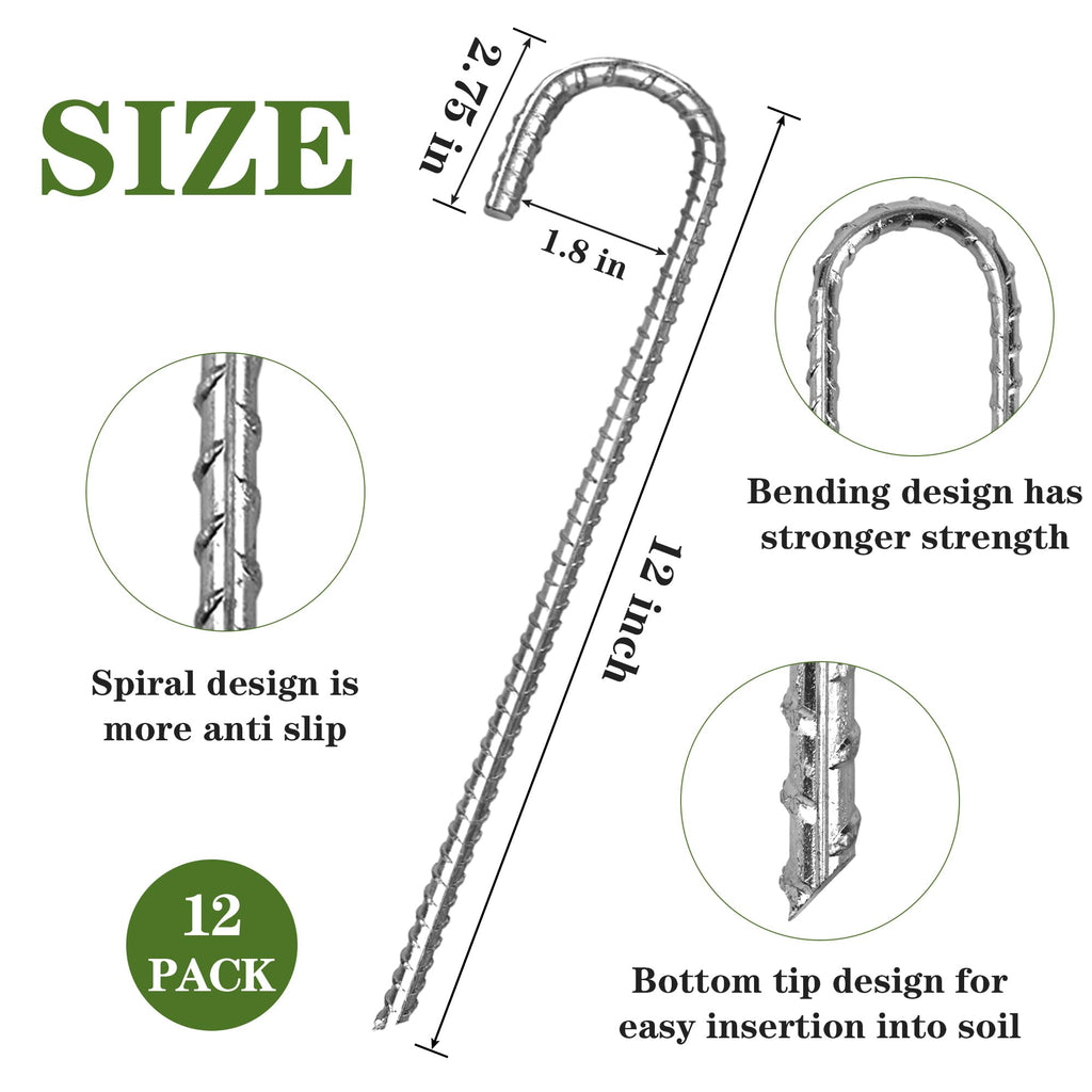 Toopify 12 Pack Rebar Stakes, 12 Inch Heavy Duty J Hook Galvanized Ground Anchors, Anti Rust Metal Steel Tent Stakes Garden Fence Stakes, Silver