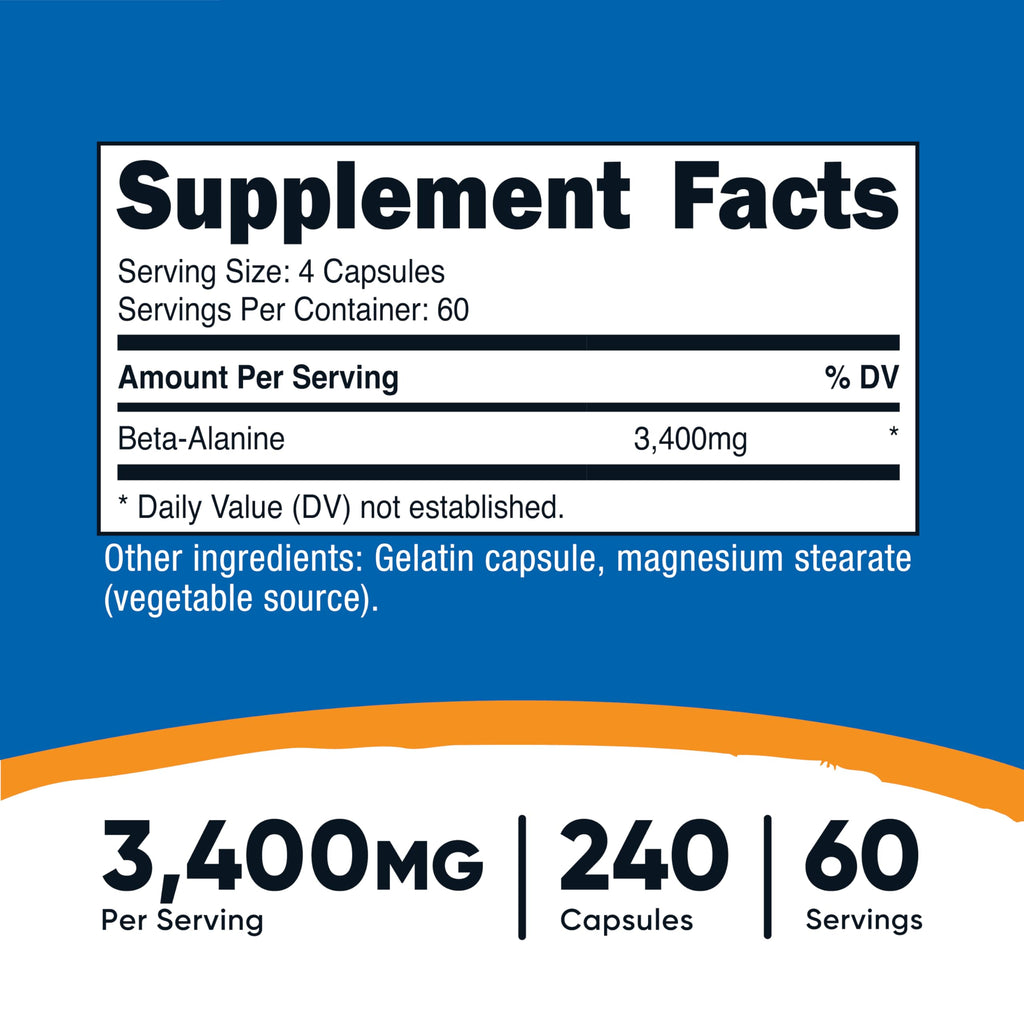 Nutricost Beta-Alanine Capsules 3400mg, 240 Capsules (60 Serv) - Potent Beta Alanine, Gluten Free & Non-GMO, 850mg Per Cap