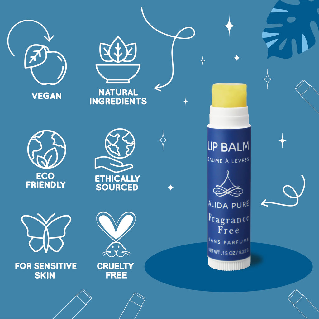 ALIDA PURE Fragrance Free Lip Balm, Vegan Set, Unscented, No Flavor, Beeswax Free, Organic Jojoba and, Avocado Oil, Vitamin E, Natural Moisturizer for Dry, Chapped, or Cracked Lips, 5 Tube Set