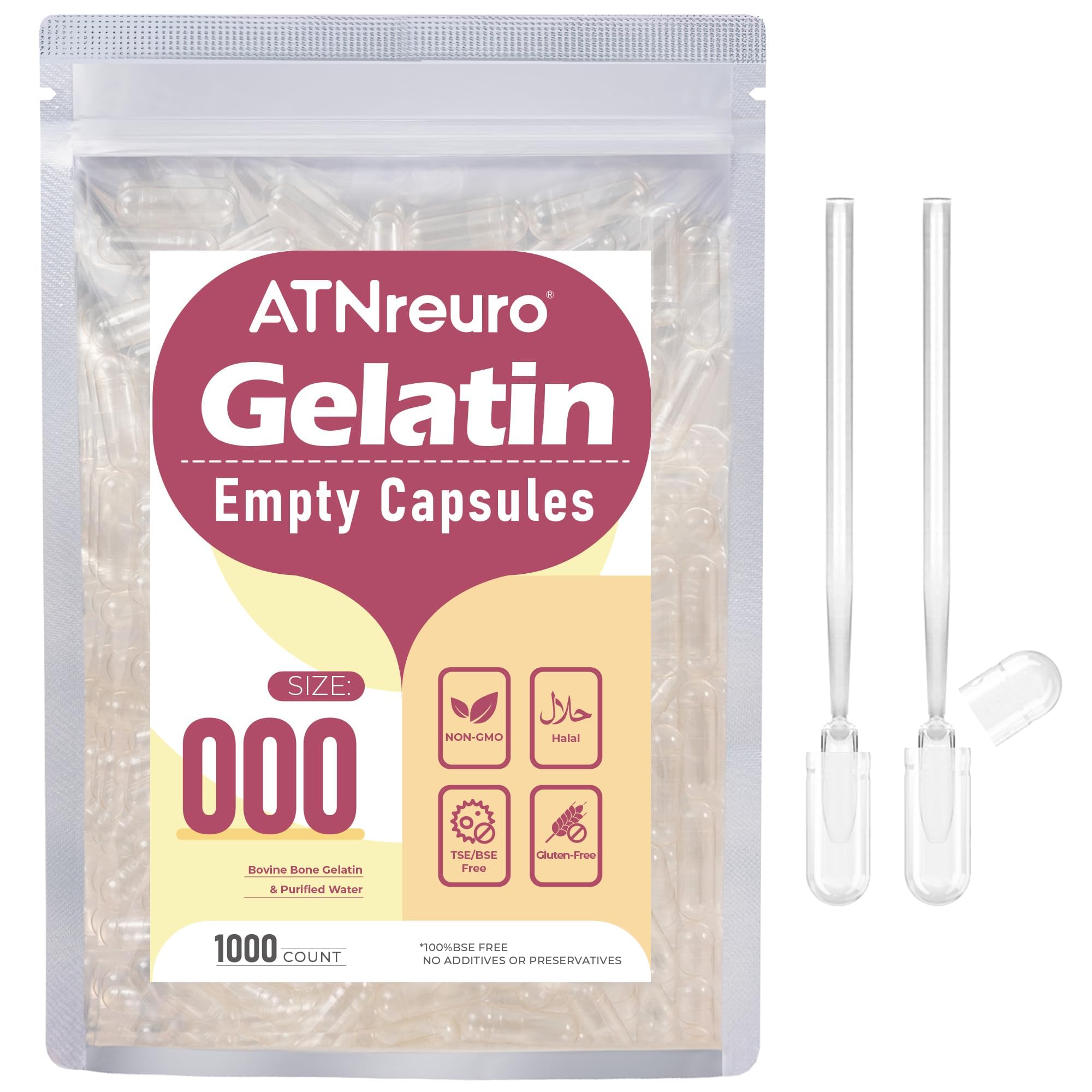 ATNreuro Size 000 Empty Gelatin Capsules with 2 Micro Spoons - 1000 Count Empty Clear Capsule - Gel Pill Capsules for Powders Supplements