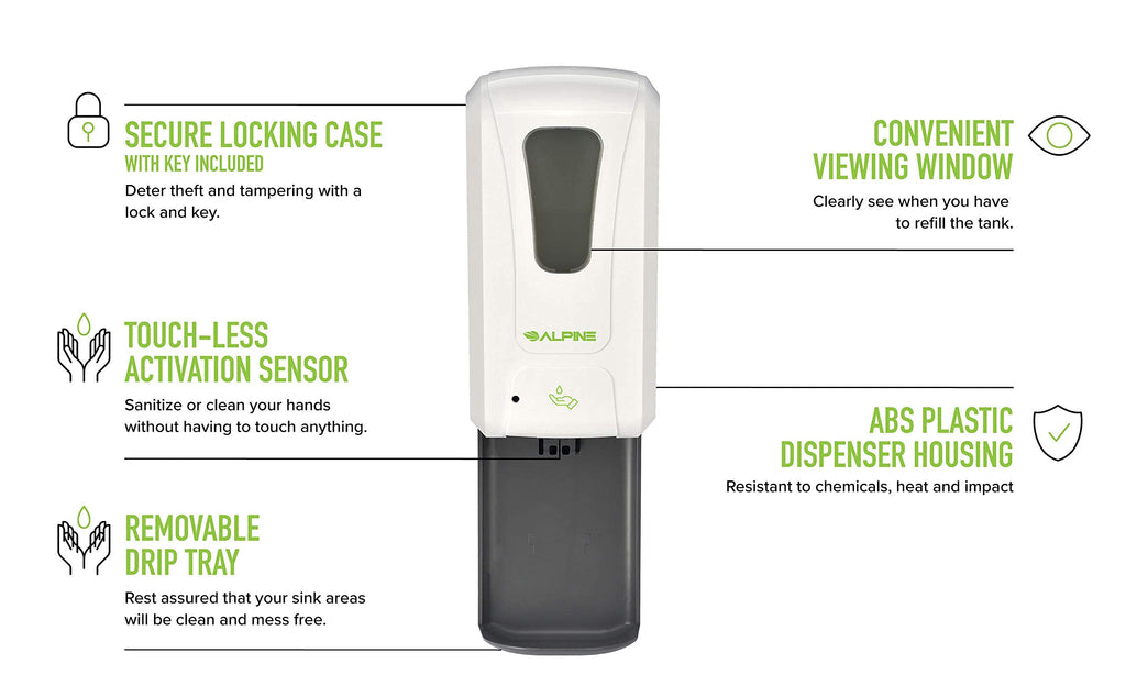 Alpine Automatic Hand Sanitizer Dispenser - Touchless Soap Dispenser with Drip Tray for Restaurant, Hospital, School, Hotel, Kitchen and Bathroom -1200mL Liquid, Gel White