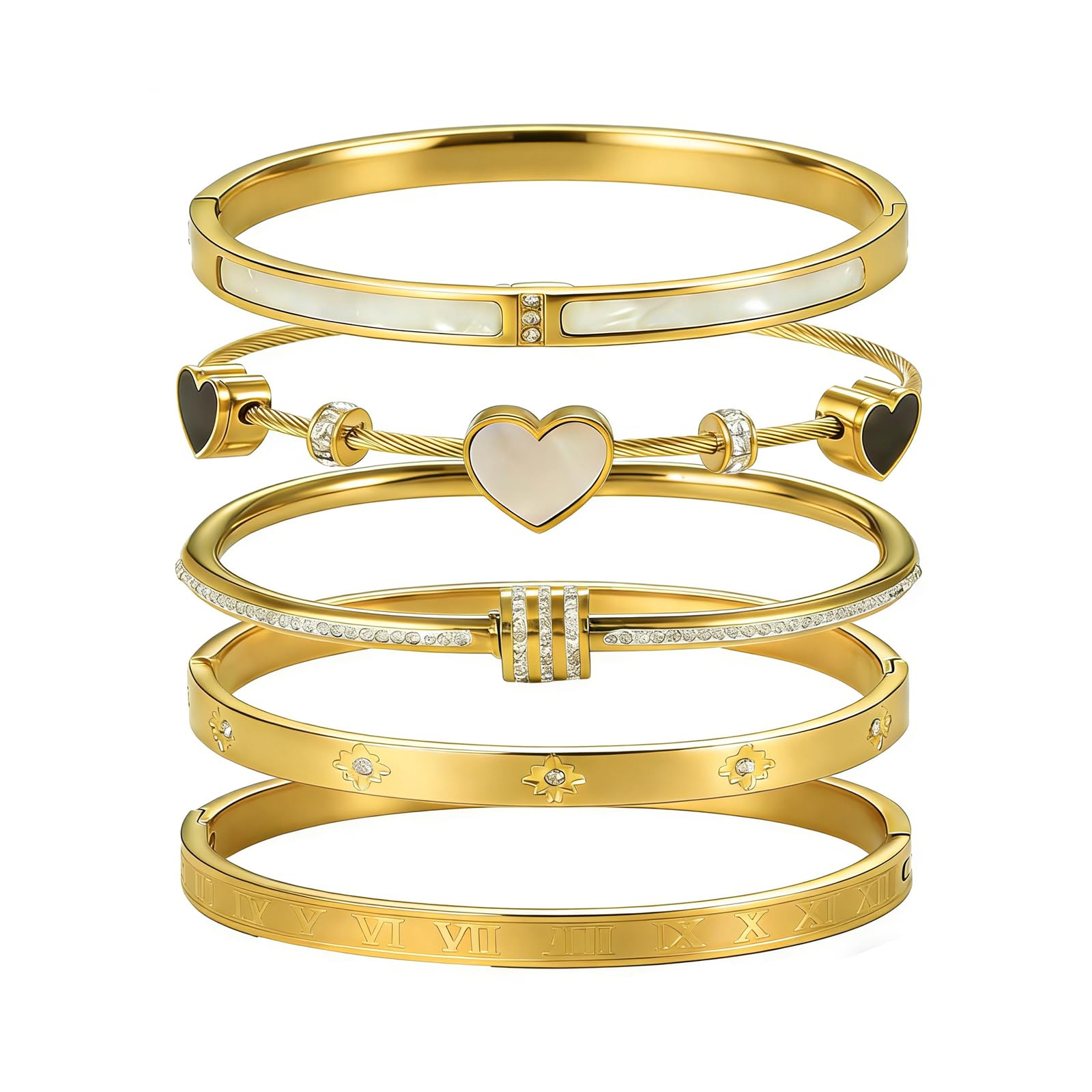 Gold Bangle Bracelets for Women, 18K Gold Plated Stainless Steel 5 Pcs Stackable Bangle Bracelet Set, Waterproof Non Tarnish Bracelets, Trendy Jewelry Gifts for Women
