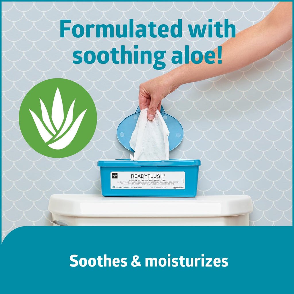 Medline ReadyFlush Flushable Wipes, 540 Wipes (60 Wipes, 9 Tubs), Scented, Biodegradable Flushable Incontinence Wet Wipes for Adults with Aloe, Hypoallergenic and pH-Balanced Personal Cleansing Cloths