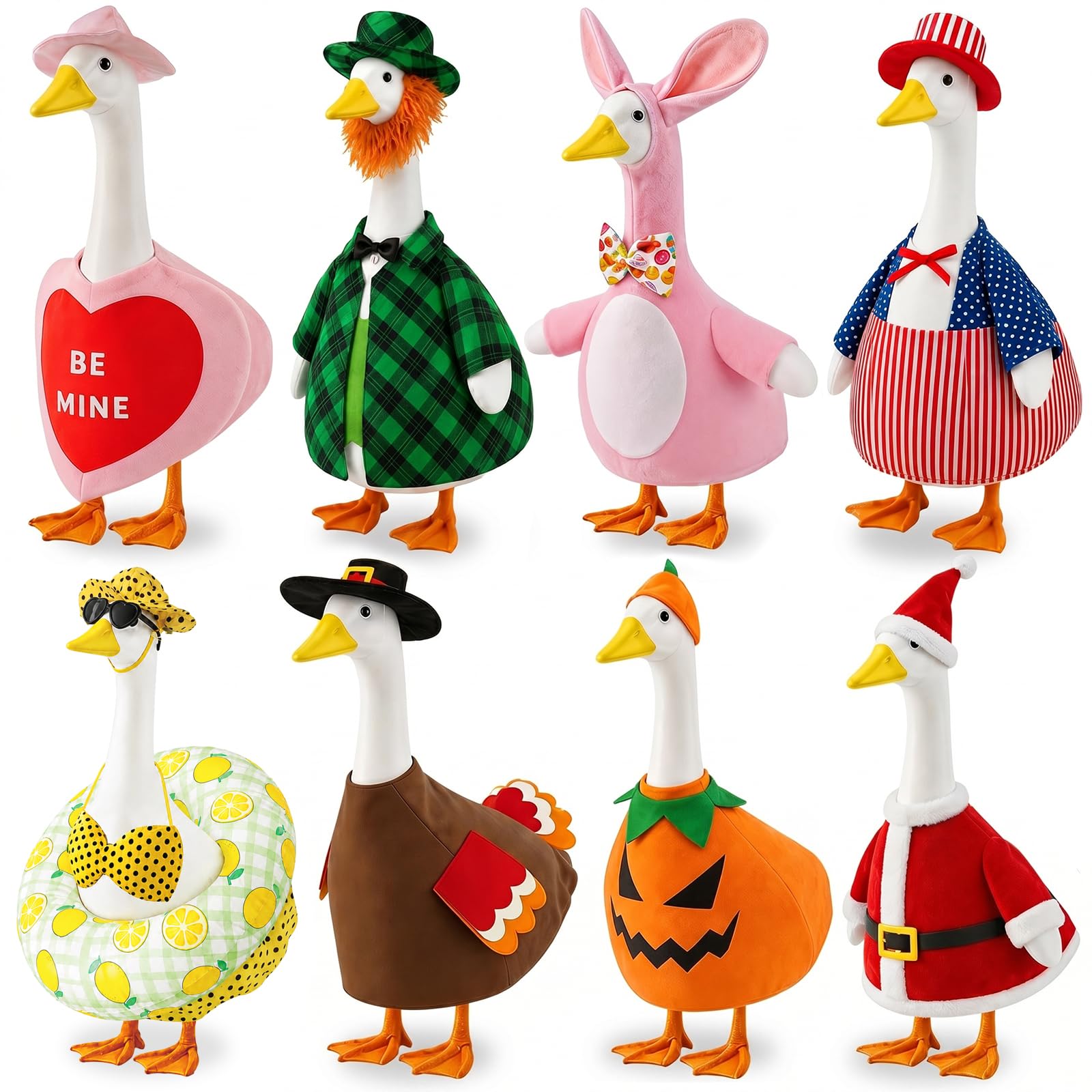 8 Set Holiday Porch Goose Outfits 23 inch All Seasons Goose Clothes for Valentine St. Patrick Easter Summer 4th of July Fall Halloween Christmas, Lawn Porch Gooses Clothing for Patio Yard Decor