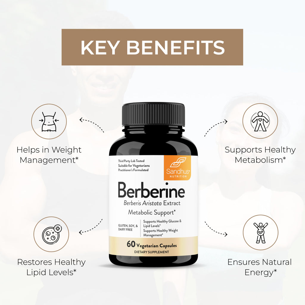 Sandhu's Berberine HCL Supplement 500mg per capsule with 97% Pure Berberis Aristata Extract| 60 count| Supports Weight Management & Healthy Energy levels| Made in USA, Vegetarian, Non-GMO, Gluten Free