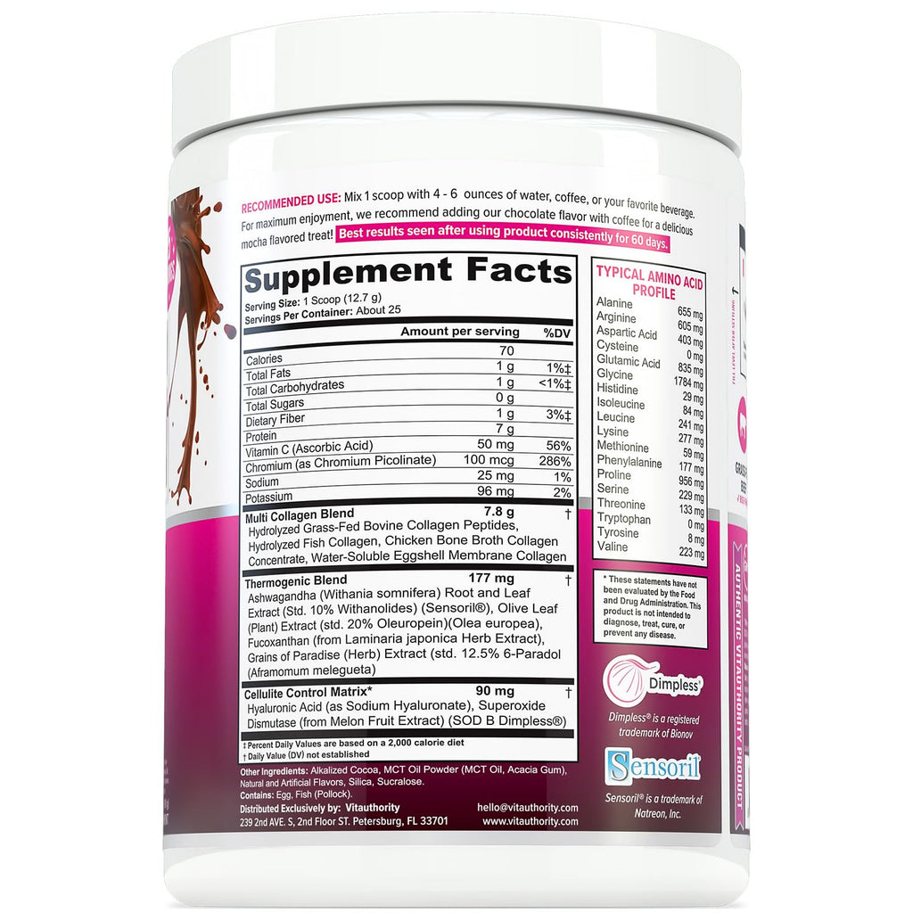 Vitauthority Collagen Peptides Powder Weight Loss Supplements | Hydrolyzed Beauty Complex for Women, Hair Skin Nails | Fat Burning Support | Chocolate Flavored 25 Servings