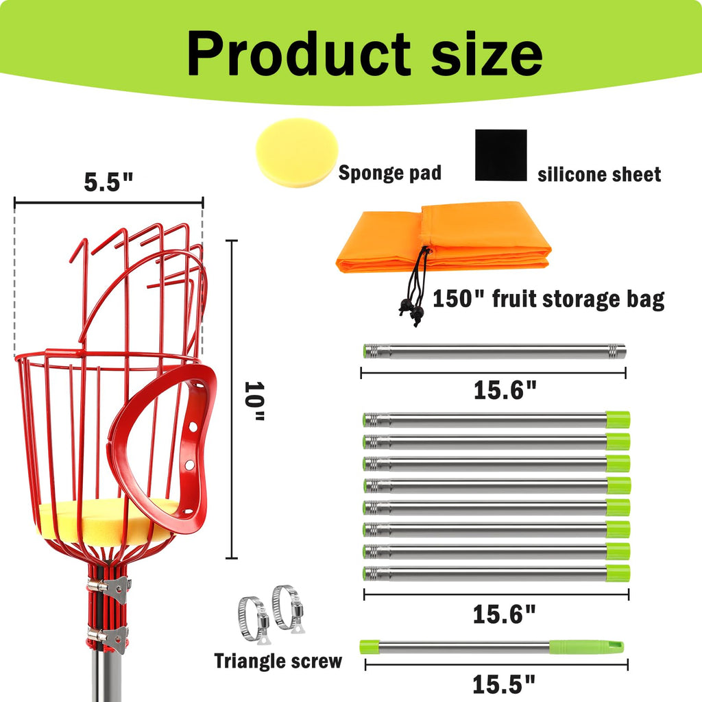UQM 12.8FT Fruit Picker Pole Adjustable with Basket Harvest Bag