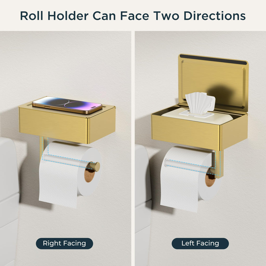 FORIOUS Toilet Paper Holder with Shelf, Wall-Mounted Modern Wipes Dispenser