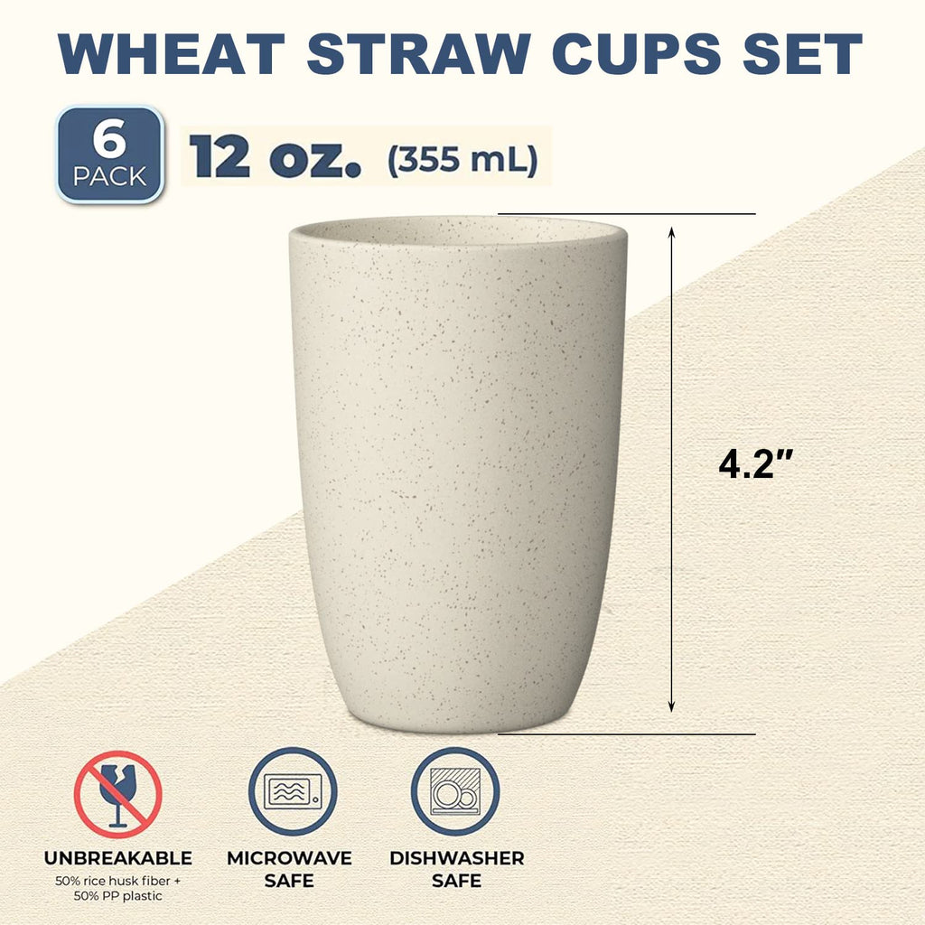 Wrova Wheat Straw Cups 6 PCS Good Alternative to Plastic Reusable Cups 12 oz Unbreakable Drinking Cup Reusable Dishwasher Safe Water Plastic Glasses Beige