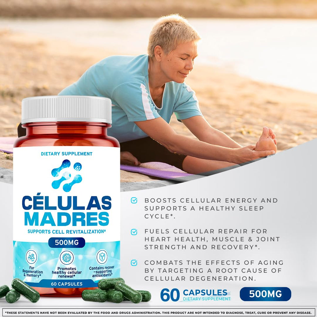 Stem Cell Supplements 500mg (120 Cap) Natural Anti-Aging & Longevity Support with Spirulina & Chlorella, Boost Cellular Renewal, Restore Youthful Energy, Reduce Joint Soreness – Celulas Madre