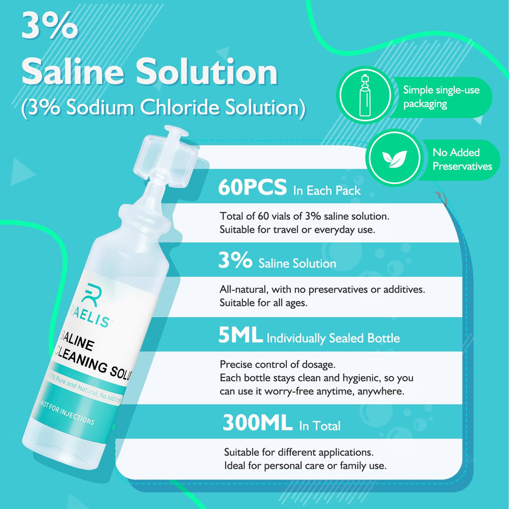 3% Saline Solution for Household Uses, 300ml (10.56 FL OZ), 5ml Each, 60 Pack
