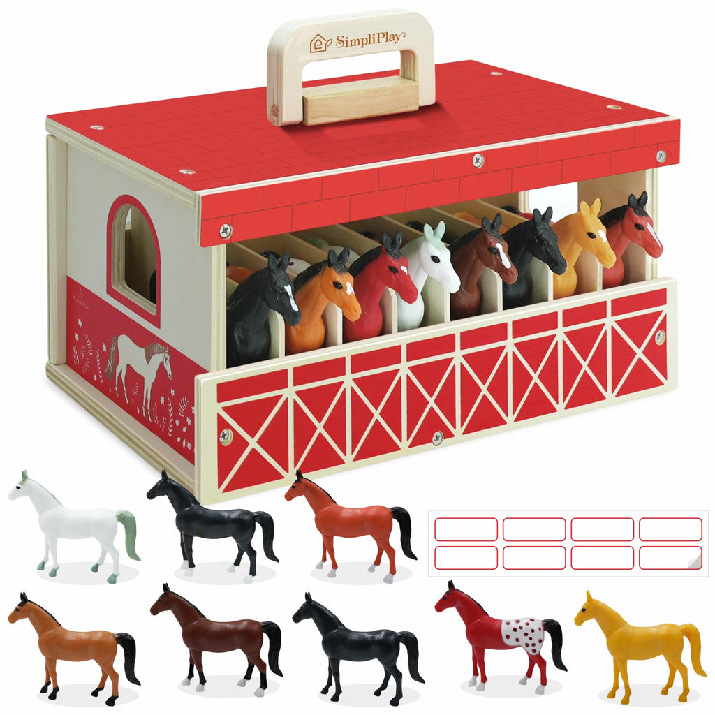 SIMPLIPLAY Wooden Horse Stable Playset, Farm Animals Toys for Kids 3-5