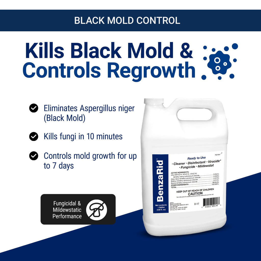 BenzaRid Pro Mold Killer Fungicide Disinfectant including Aspergillus Niger (Black Mold) H5N1 Pack | Multi-Purpose Fungicide, Mildewstat, Disinfectant, Virucide | EPA Reg. 1 Gal + 32 oz.