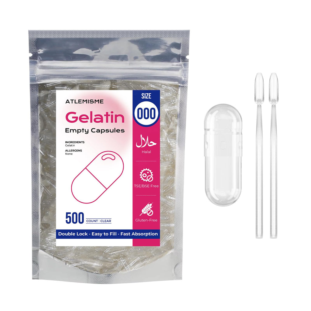 ATLEMISME Empty Gelatin Capsules Size 000 - Gelatin Capsules Empty (500 Count) Empty Capsules DIY Gelatin Capsule Filling - Gel Capsules Empty Caps with 2 Micro Lab Spoons for Capsule Filling
