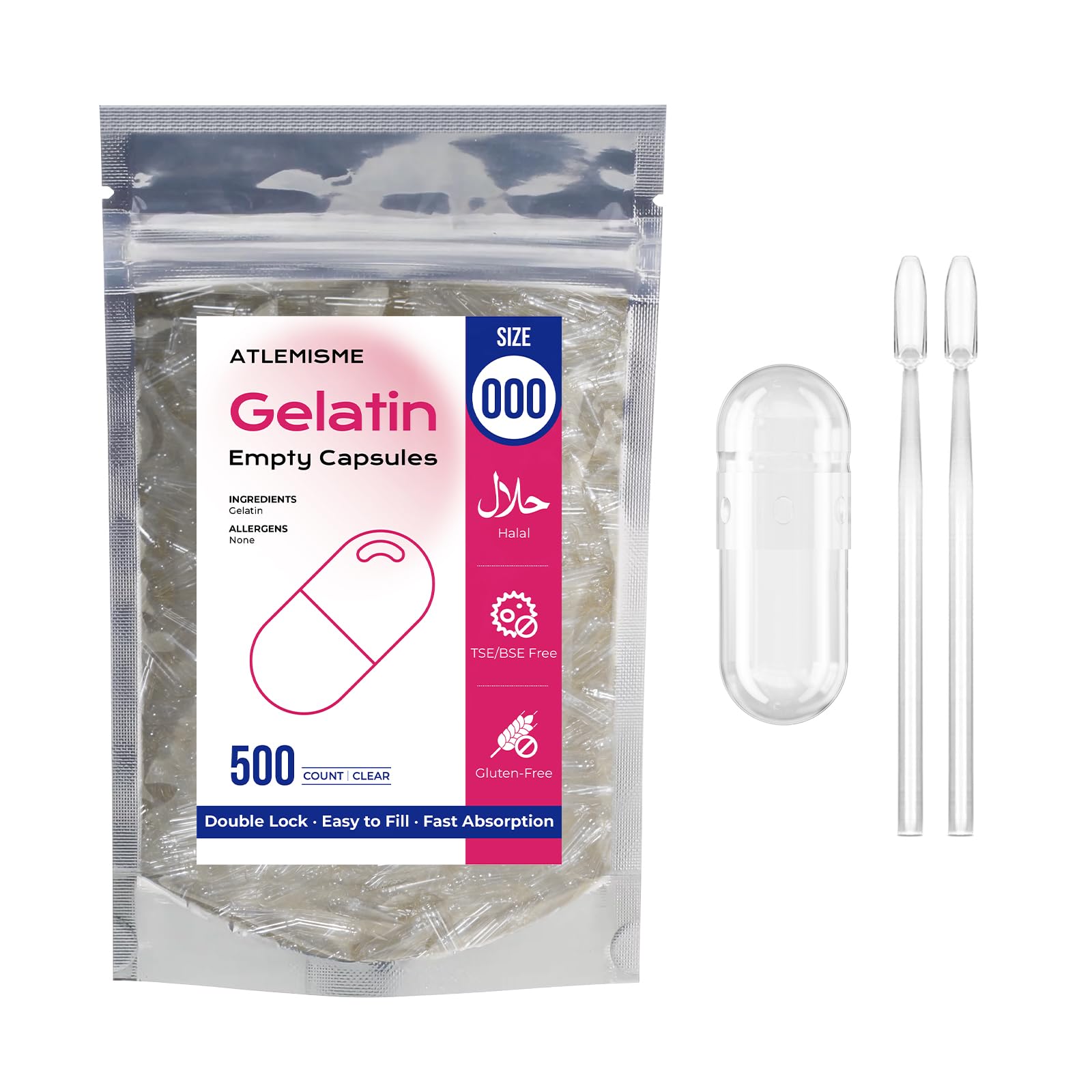 ATLEMISME Empty Gelatin Capsules Size 000 - Gelatin Capsules Empty (500 Count) Empty Capsules DIY Gelatin Capsule Filling - Gel Capsules Empty Caps with 2 Micro Lab Spoons for Capsule Filling