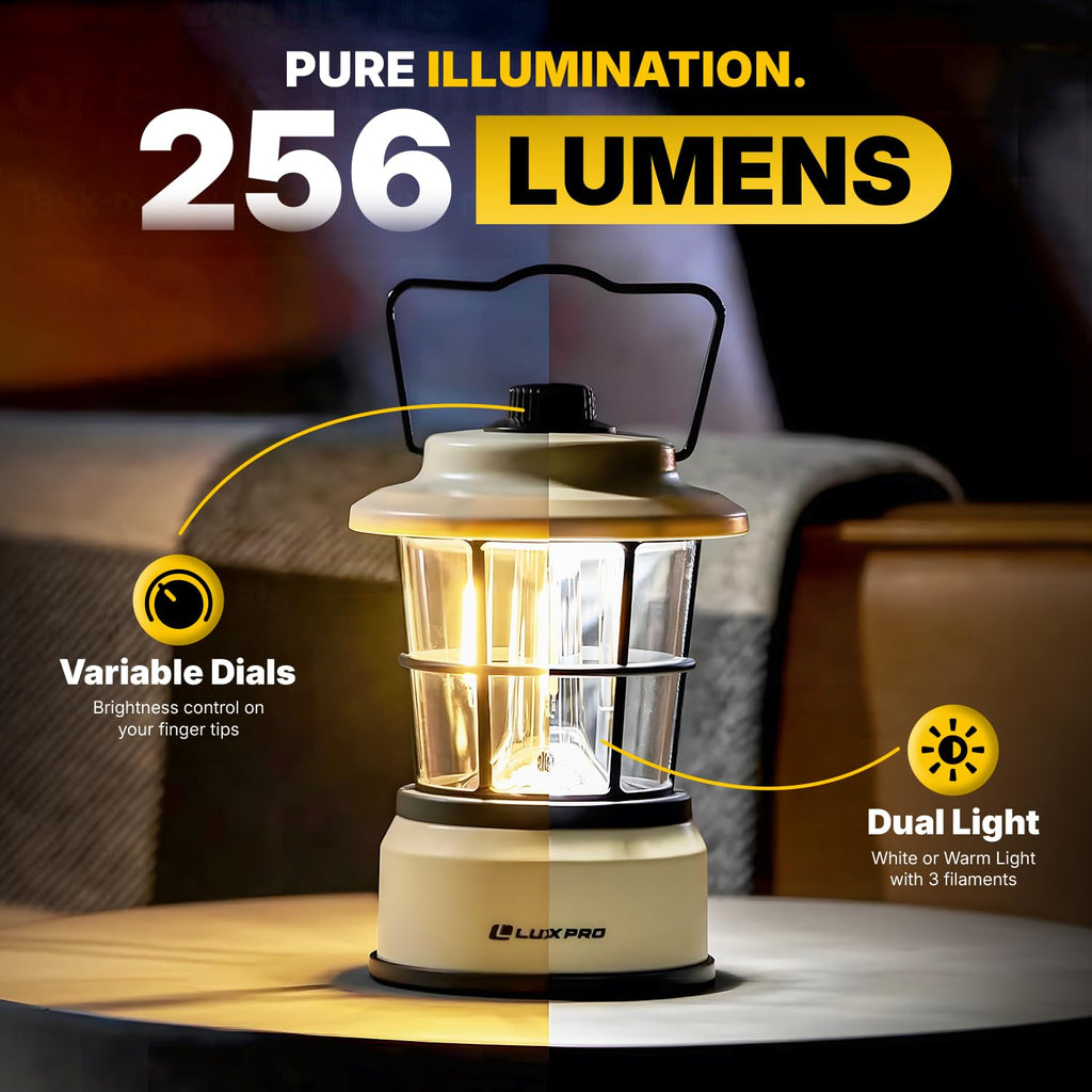 LUXPRO Retro LED Lantern - Battery-Powered Emergency Lantern - Water Resistant - Bright LED Lamp for Indoor & Outdoor Use - Use for Tents, Hiking or Hurricane Prep (Beige, Pack of 1)
