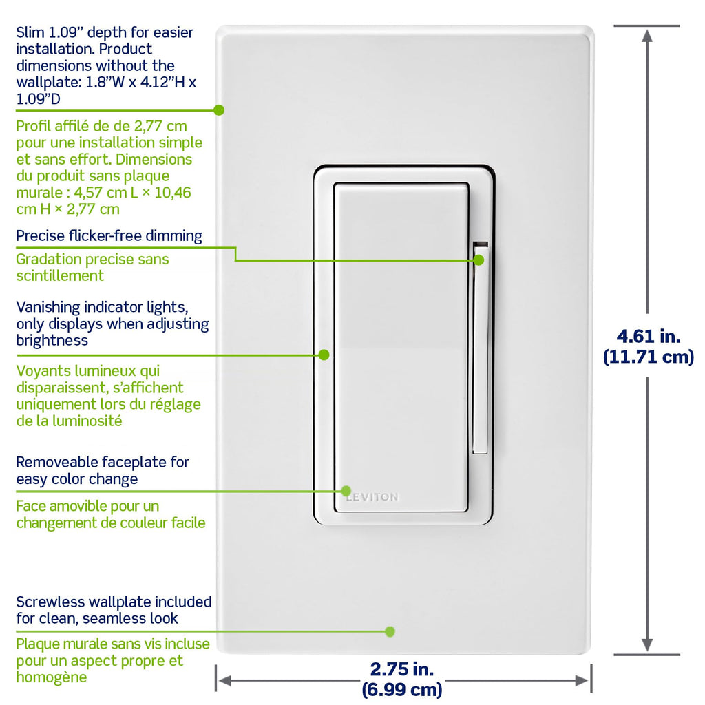 Leviton Decora Smart Dimmer Switch, Wi-Fi, Works with Matter, My Leviton, Alexa, Google Assistant, Apple Home/Siri & Wired or Wire-Free 3-Way, Neutral Wire Required, D36HD-1RW, White