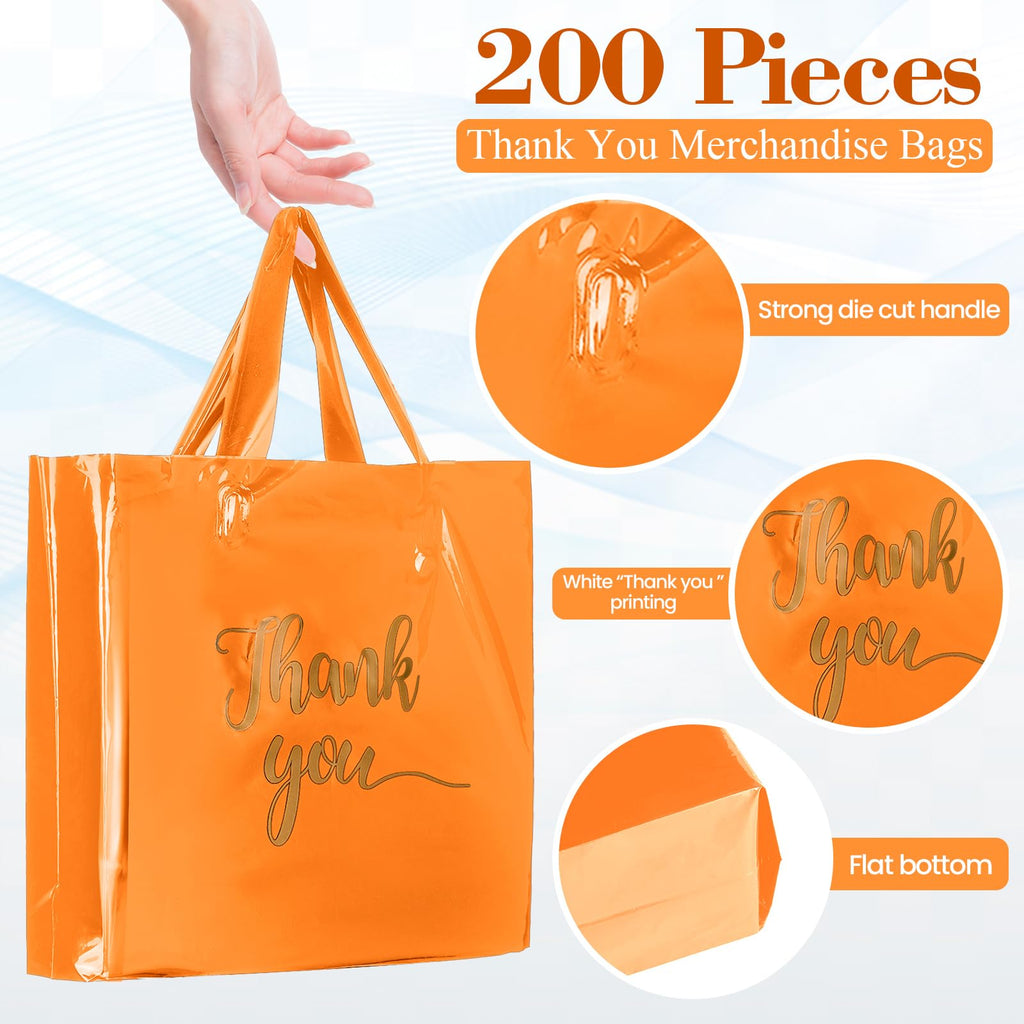 Teling 200 Pcs Thanks Bags with Handle Bulk Thank You Merchandise Bags 3 Size Plastic Packet Retail Shopping Package for Boutique 9 x 12'', 12 x 15'', 15 x 18''(Orange)