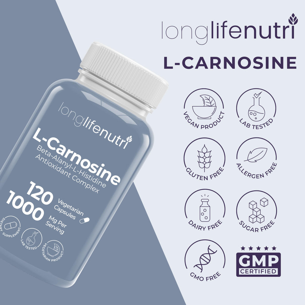 LongLifeNutri L-Carnosine 1000mg - Beta-Alanyl-L-Histidine Supplement for Cellular Energy & Brain Clarity, 120 Vegetarian Capsules, 2-Month Supply, GMP Certified, Made in USA