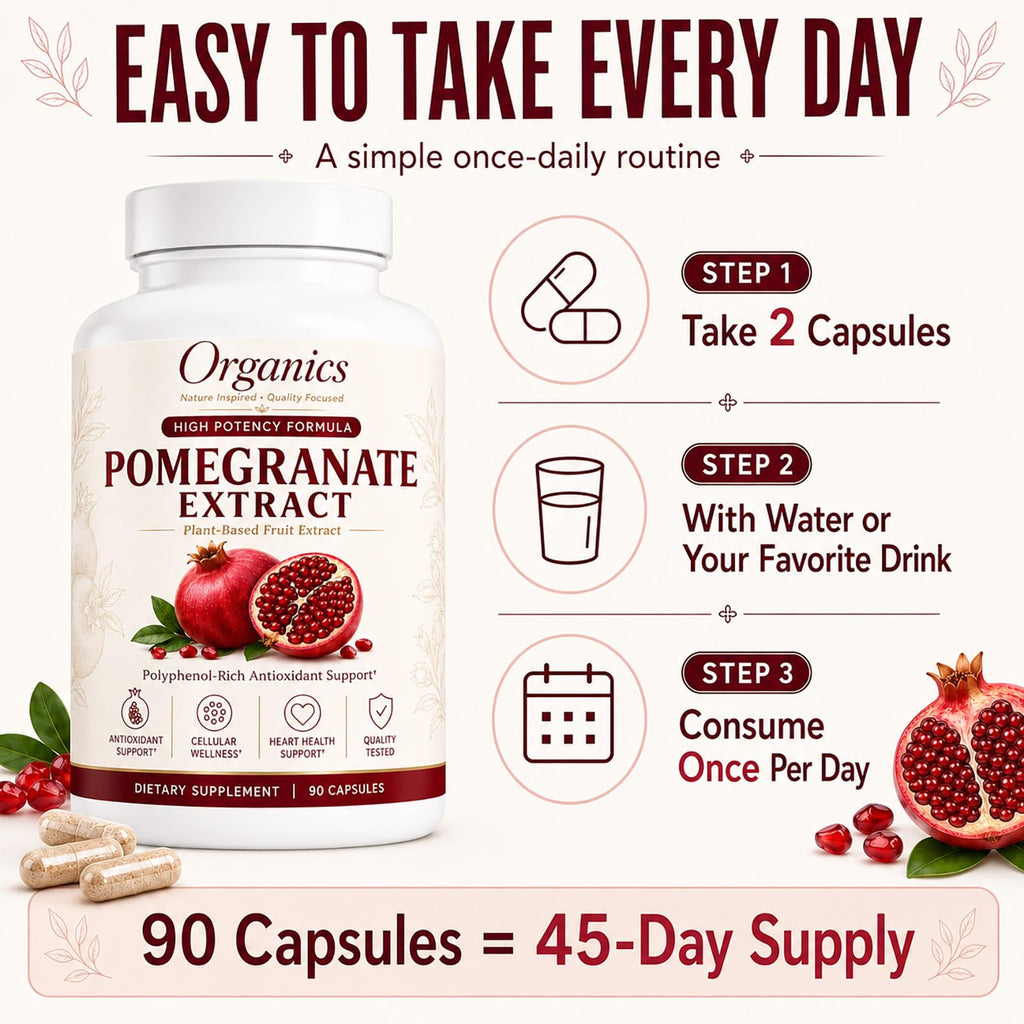KYZTMHC Organic Pomegranate Extract, Pomegranate Fruit Extract Supplement with Polyphenol Antioxidants, Non-GMO, Daily Wellness Support, 90 Capsules