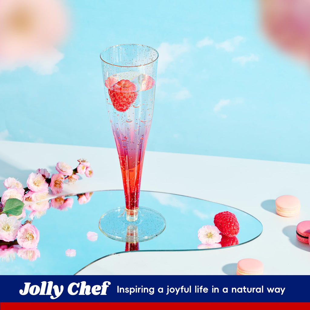JOLLY CHEF Plastic Champagne Flutes 4.5 oz 100 Pack Gold Glitter Glasses