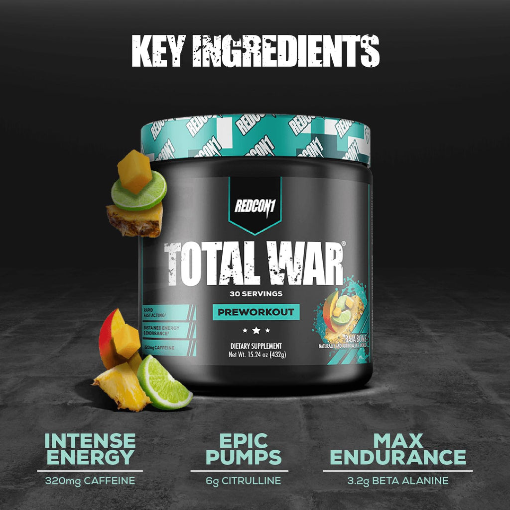 REDCON1 Total War Pre Workout, Tiger's Blood - Pump, Endurance & Energy Boosting Workout Supplement - Caffeinated Pre Workout with Taurine, Green Tea + Di Caffeine Malate (15 Servings)