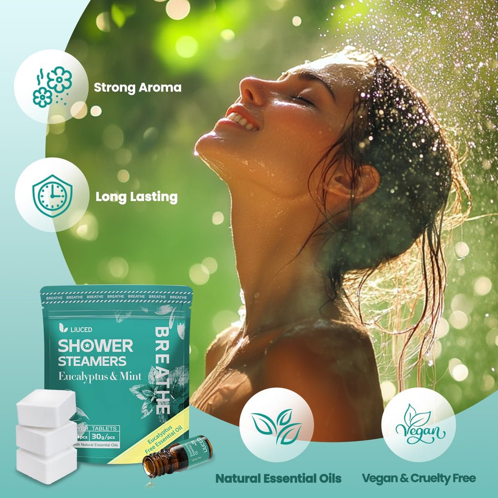 14+1 Shower Steamers - 14 Pack Eucalyptus & Mint Shower Tablets Aromatherapy Pods and 5ml Natural Eucalyptus Essential Oils, Sinus Relief, Stocking Stuffers for Women Men, Gifts for Mom Wife Christmas