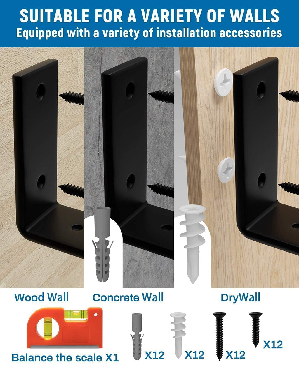 LEOPO 8 inch Shelf Brackets 6-Pack, 1/5" Thick Floating Shelf Bracket