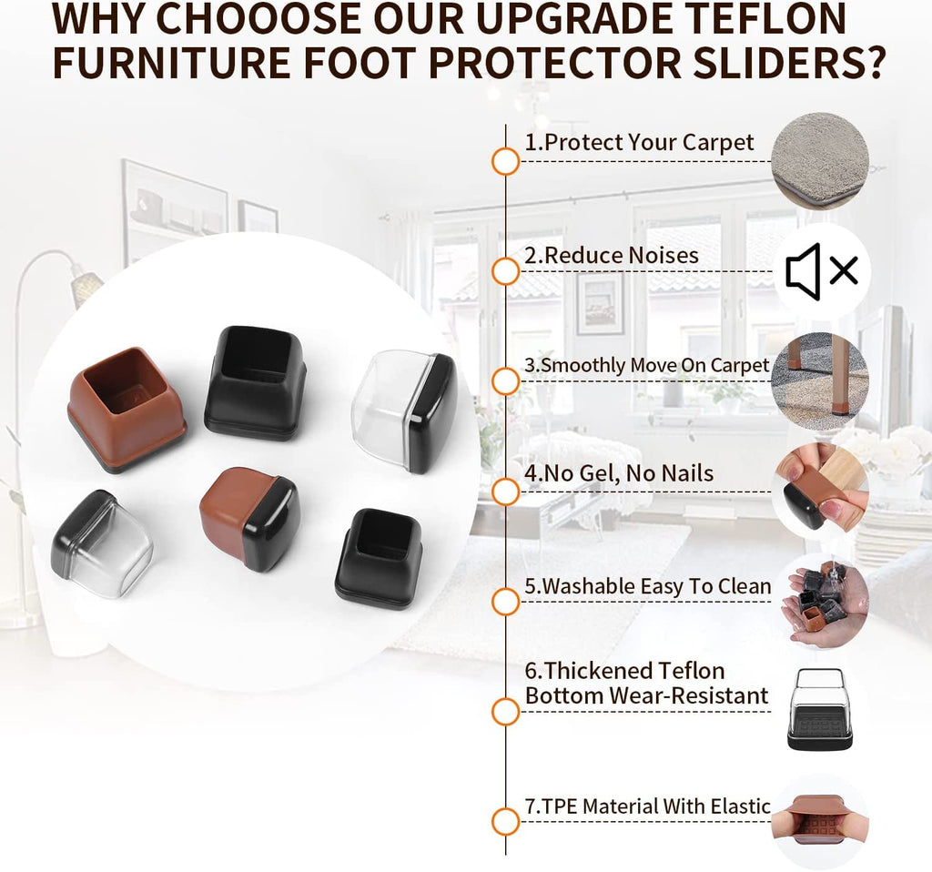 Ezprotekt Chair Leg Sliders for Carpet, 24 Pcs Square Chair Glides for Carpet, Carpet Furniture Pads Stool Leg Protectors Caps, Carpet Furniture Glides Quickly and Easily (L Fit:1" - 1.4")