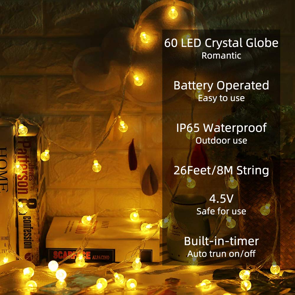 Metaku Globe String Lights Battery Operated Fairy Light 26ft 60LED & Remote